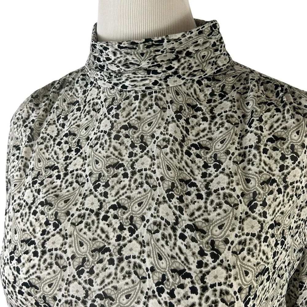 ZARA Paisley BLOUSE L Balloon Puff Sleeve Black White Crop TOP Regency Collared